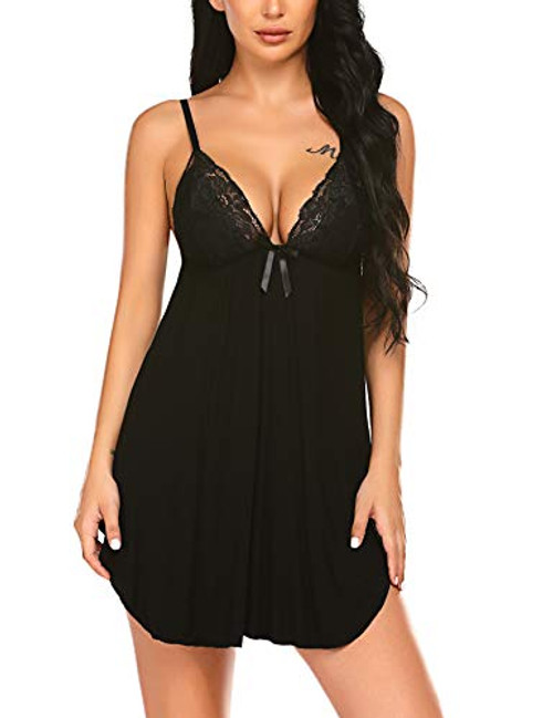 ADOME Women V-Neck Lace Babydoll Slip Chemise Sleepwear Sexy Modal Lingerie Black Large ADOME Women V-Neck Lace Babydoll Slip Chemise Sleepwear Sexy Modal Lingerie Black Large