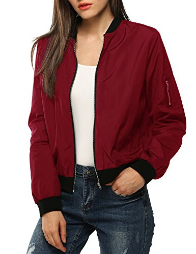 Zeagoo Women Classic Solid Biker Jacket Zip up Bomber Jacket Coat  Wine Red  Medium