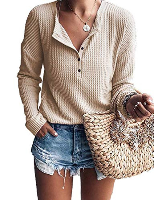 WNEEDU Womens Waffle Knit Tunic Tops Loose Long Sleeve Button Up V Neck Henley Shirts Light Apricot S WNEEDU Womens Waffle Knit Tunic Tops Loose Long Sleeve Button Up V Neck Henley Shirts Light Apricot S