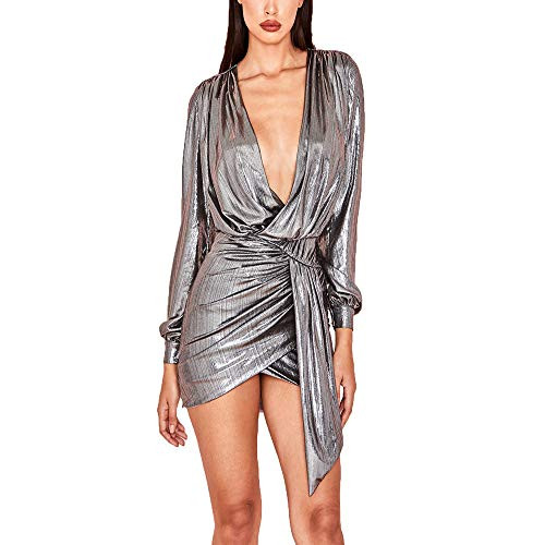 Sprifloral Womens Sexy Deep V Neck Metallic Long Sleeve Bodycon Mini Dress Clubwear