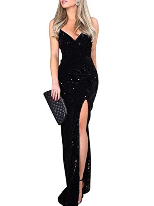 BerryGo Womens Sexy V Neck Bodycon Sequin Gown Evening Dress with Slit Black