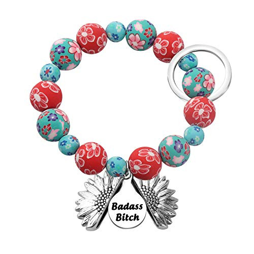 FEELMEM Elastic Functional Beaded Bracelet Badass Bitch Sunflower Pendant Wrist Keychain Bracelet Cancer Awareness Gift Survivor Jewelry Gift for Canc
