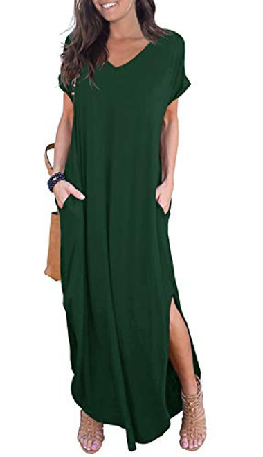 GRECERELLE Womens Casual Loose Pocket Long Dress Short Sleeve Split Maxi Dress Dark Green Small GRECERELLE Womens Casual Loose Pocket Long Dress Short Sleeve Split Maxi Dress Dark Green Small