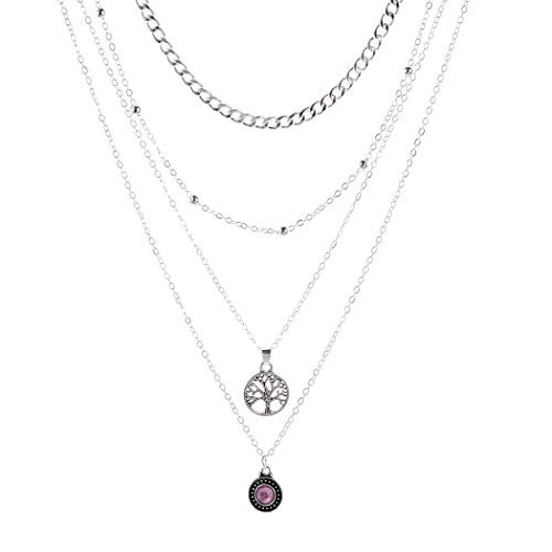 Haloty Boho Layered Crystal Pendant Necklaces Short Silver Beaded Tree of life Necklace Chain Jewelry for Women and Girls