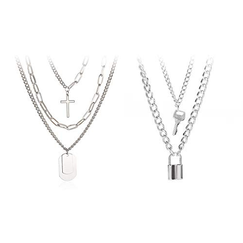 BoAn Lock Chain Necklace  Eboy Egirl Chains  2 Layered Lock Key Pendants Necklaces Silver Set  Long Multilayer Chains Punk Choker 2 Set  5 layer