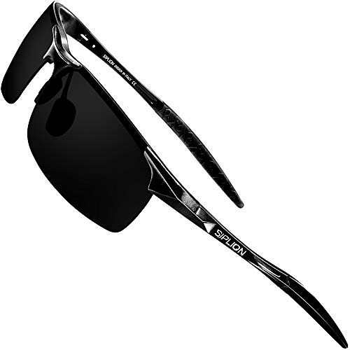 SIPLION Mens Driving Polarized Sport Sunglasses Al-Mg Metal Frame Ultra Light 8177 Black