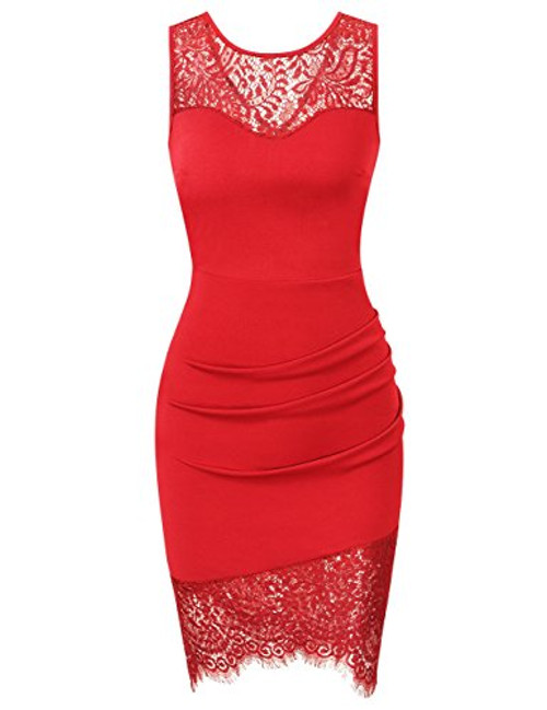 HiQueen Womens Lace Floral Cocktail Dress Sleeveless Crew Neck Knee Length Party Wedding Bridesmaid Dress -Red Sleeveless M- HiQueen Womens Lace Floral Cocktail Dress Sleeveless Crew Neck Knee Length Party Wedding Bridesmaid Dress -Red Sleeveless M-