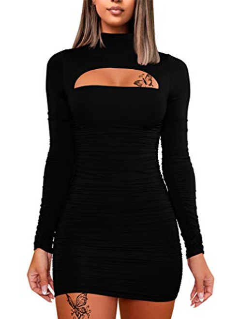 WHONE Womens Sexy Long Sleeve Cut Out Bodycon Ruched Party Club Mini Dress Black