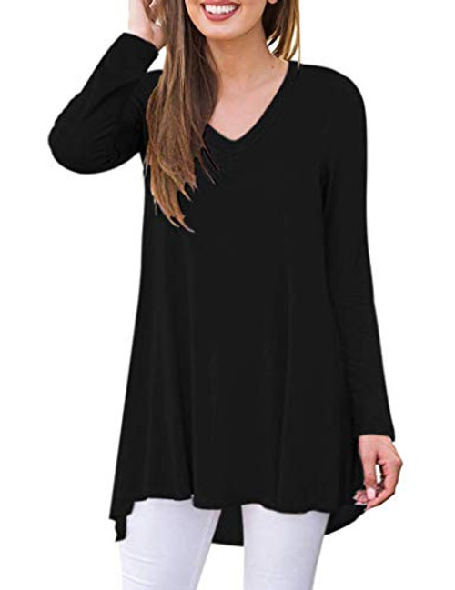 WNEEDU Womens Fall Long Sleeve V-Neck T-Shirt Sleepwear Tunic Tops Blouse Shirts -Black M-