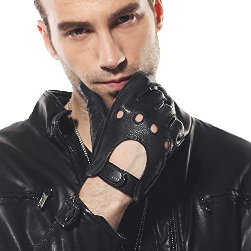 ELMA Mens Unlined Deerskin Leather Driving Gloves Cutout At Back -S  Black-