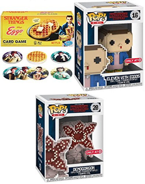 Stranger Things Figure Collection Exclusive Funko Series 8-Bit Pop! / Eleven with Eggos #16 + Demogorgon #20 + Kellogs Waffle Brand Card Game set