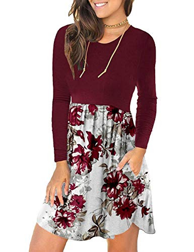 WNEEDU Womens Long Sleeve Loose Plain Dresses Casual Short Dress with Pockets -S  1-LS-Red Flower White-