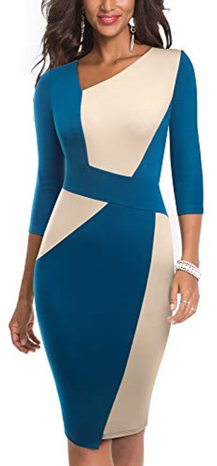 HOMEYEE Women Vintage Contrast Color Patchwork Work Business Dress B517-12 Apricot-Teal-3-4 Sleeve-