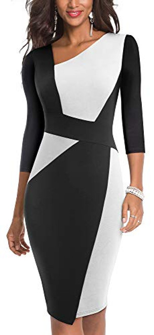 HOMEYEE Women Vintage Contrast Color Patchwork Work Business Dress B517-12 Black-White-3-4 Sleeve-