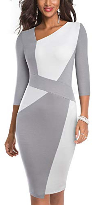 HOMEYEE Women Vintage Contrast Color Patchwork Work Business Dress B517-8 White-Gray-3-4 Sleeve-