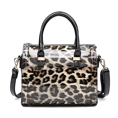 Shiny Patent Faux Leather Handbags Barrel Top Handle Purse Satchel Bag Shoulder Bag for Women-Leopard-