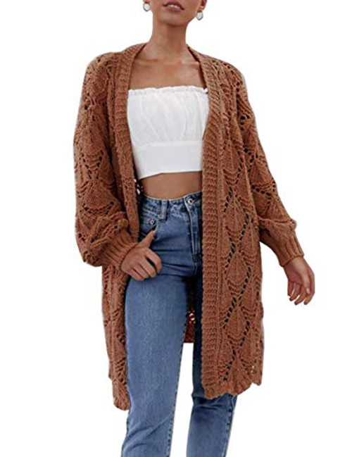 Womens Cardigan Open Front Solid Chunky Hollow Knit Long Sleeve Casual Loose Cardigan Sweaters Coat Coffee