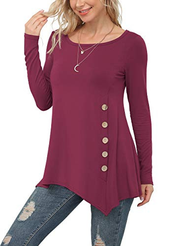 VIISHOW Womens Long Sleeve Casual Round Neck Loose Tunic Top Blouse T-Shirt with Buttons  Wine Red  Small