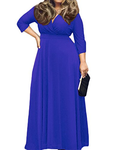 POSESHE Womens Solid V-Neck 3-4 Sleeve Plus Size Evening Party Maxi Dress Navy Blue 4X-Large
