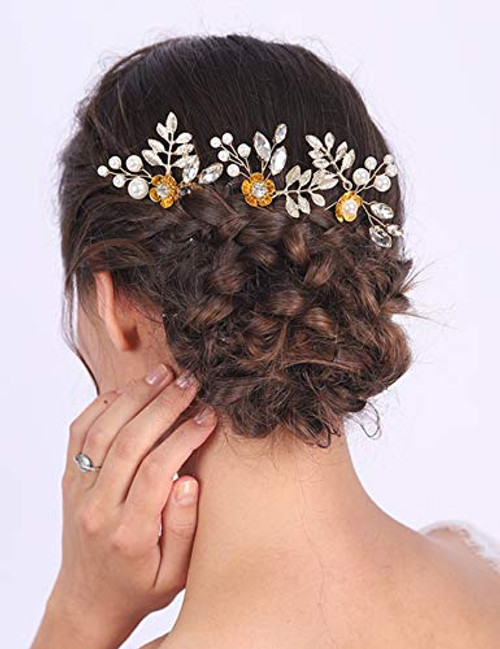 Anglacesmade Bridal Hair Pins Crystal Bobby Pin Flower and Leaf Vine Branch Hair Pin Pearl Wedding Headpiece with Marquise Prom Party Hair Accessories