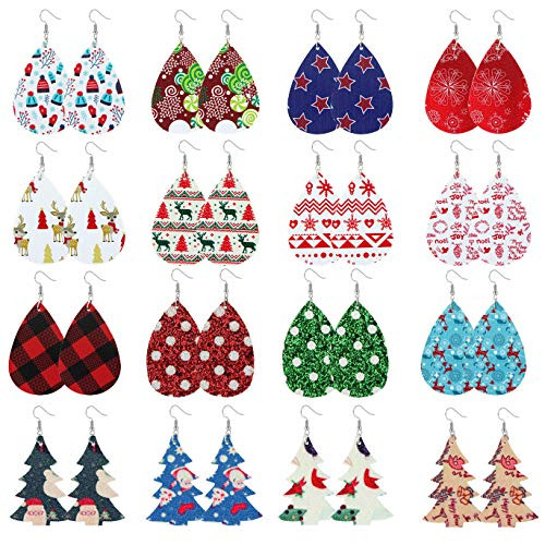 FUNRUN JEWELRY 16 Pair Teardrop Leather Earrings Christmas Tree Earring for Women Petal Dangle Drop Earring Lightweight