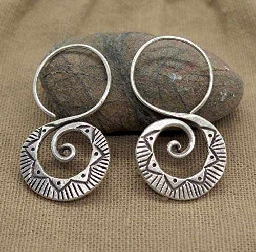 Sterling Silver Boho Hippie Spiral Earrings  Handmade Tribal Ethnic with Geometric Pattern 1 1-2 inches long Swirl Earrings  Gift for her