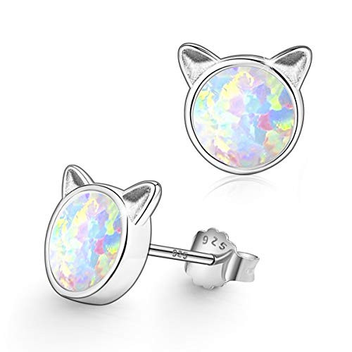 Cat Earrings for Girls  Hypoallergenic Fire Opal Stud Earrings ARSKRO S925 Sterling Silver Tiny Cute Little Small Earring Jewelry Gifts for Sensitive