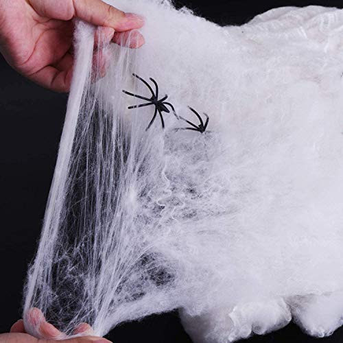 Fun World Costumes Super Stretch Spider Web Cobwebs Decorations with 4 Plastic Fake Spider Halloween Party Supplies Indoor Outdoor