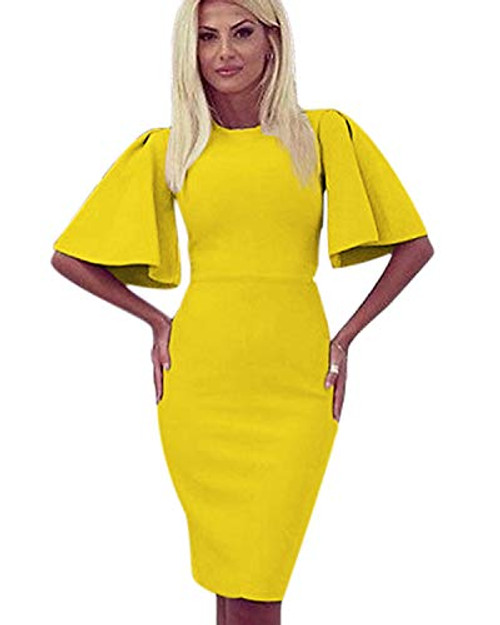 Zshujun 1950s Womens Vintage Flare Sleeve Stretchy Work Knee Bodycon Sheath Casual Party Pencil Dress 1189 -Yellow  S-