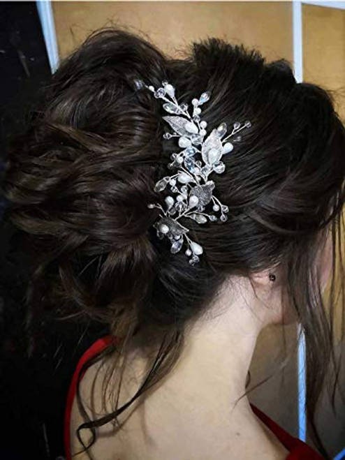Catery Bride Wedding Headband Silver Hair Piece Leaf Pearl Leaf Hair Vine Leaf Baby Breath Headpiece Bridal Hair Accessories for Women and Girls