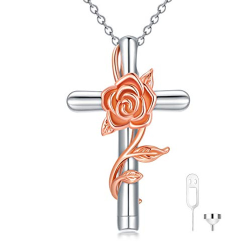 Rose Flower Cremation Jewelry 925 Sterling Silver Urn Necklace Keepsake Ashes Hair Memorial Pendant Always in My Heart Locket for Women Mom