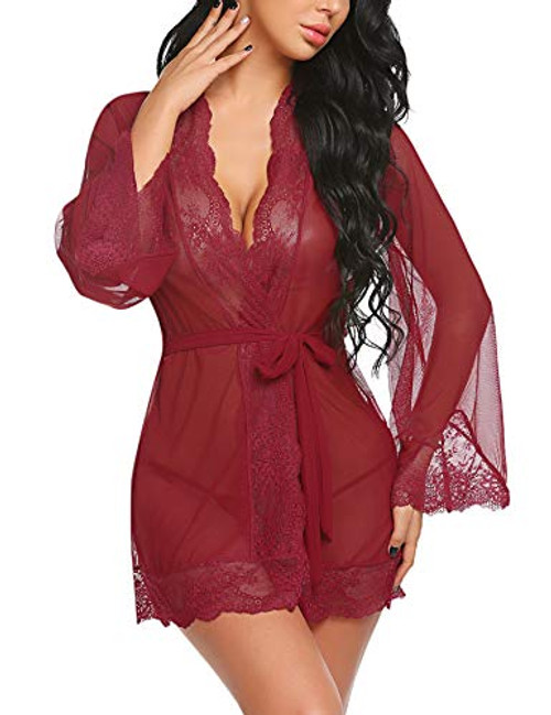 Avidlove Women Lace Kimono Robe Babydoll Sexy Lingerie Mesh Chemise Nightgown Cover Up -Dark Red XX-Large- Avidlove Women Lace Kimono Robe Babydoll Sexy Lingerie Mesh Chemise Nightgown Cover Up -Dark Red XX-Large-