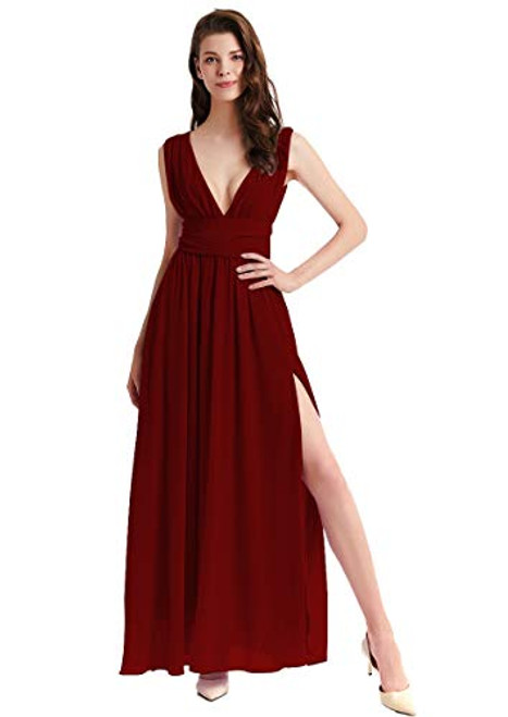 HIHCBF Bridesmaid Wedding Chiffon Dress Sexy Womens Double V-Neck Split A-Line Cocktail Party Evening Prom Long Gown Burgundy 6 HIHCBF Bridesmaid Wedding Chiffon Dress Sexy Womens Double V-Neck Split A-Line Cocktail Party Evening Prom Long Gown Burgundy 6