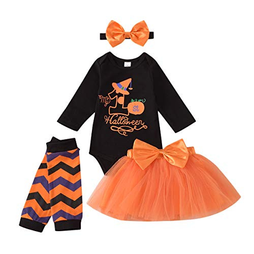 My First Halloween Baby Girl Newborn 1st Halloween Outfit Pumpkin Romper - Bow Tutu Dress - Headband - Leg Warmers 4Pcs Clothes Skirt Set 0-3 Months