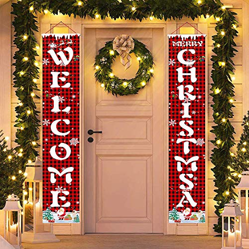 YBB Welcome Christmas Door Banner Porch Sign  Red Black Buffalo Plaid Merry Christmas Hanging Banner Porch Sign for Xmas Home Front Door Wall Indoor O