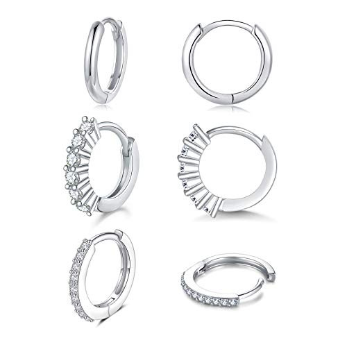 3 Pairs Silver Hoop Earrings for Women Sterling Silver Post Small Hoops Set with Cubic Zirconia Hypoallergenic Cartilage Huggie Hoop Earrings for Gir 3 Pairs Silver Hoop Earrings for Women Sterling Silver Post Small Hoops Set with Cubic Zirconia Hypoallergenic Cartilage Huggie Hoop Earrings for Gir