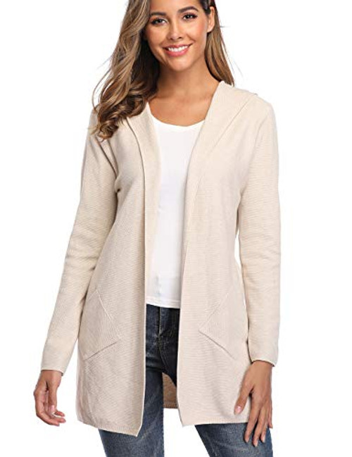 Long Hooded Cardigans for Women Long Sleeve Open Front Knit Casual Classic Sweater Coat with Pockets Apricot Medium