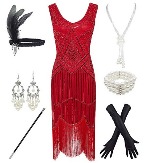 1920s Gatsby Sequin Fringed Paisley Flapper Dress with 20s Accessories Set -L  Red-Red-