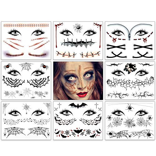 9 Pack Halloween Tattoos Crawling Spider Bat Tattoos Fake Scars Spider Net Spider Web Tattoos Halloween Face Temporary Tattoos Stickers for Women Men