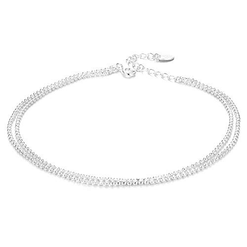 Sllaiss 925 Sterling Silver Tiny Bead Layered Anklet for Women Men Double Layered Chain Anklet Beach Foot Ankle Bracelet Adjustable Cute Bead Chain Li