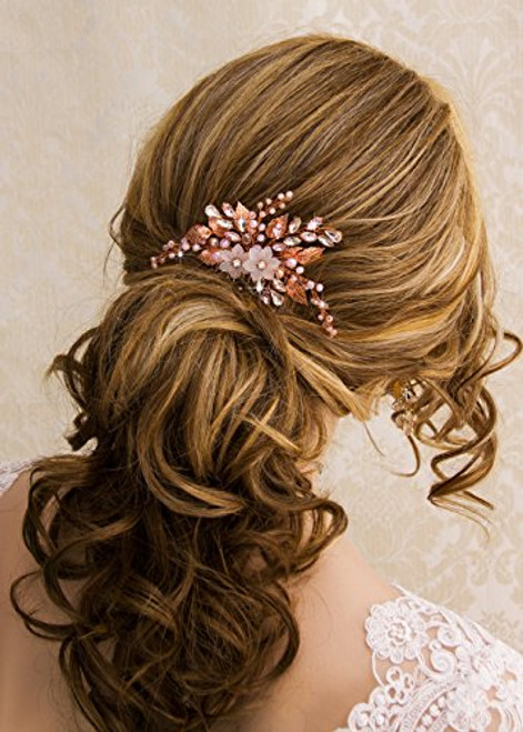 Kercisbeauty Wedding Rose Gold Hair Comb with Pink Pearl Earrings Set for Bride Bridesmaid Headpiece Prom Hair Accessory-Rose Gold- Kercisbeauty Wedding Rose Gold Hair Comb with Pink Pearl Earrings Set for Bride Bridesmaid Headpiece Prom Hair Accessory-Rose Gold-