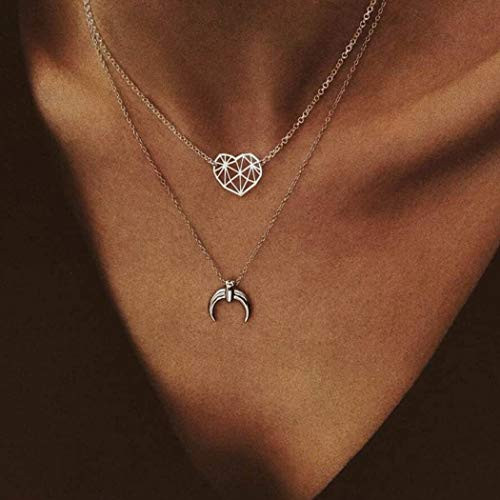 Jovono Multilayered Crescent Moon Pendant Necklaces Heart Necklace Chain Jewelry for Women and Girls -Silver-