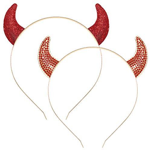 Devil Horns Halloween Devil Horns Headband Glitter Shining Rhinestone Halloween Headband Costume Party Accessory For Women Men -Red-
