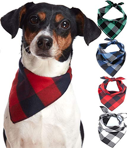 Odi Style Buffalo Plaid Dog Bandana 4 Pack - Cotton Bandanas Handkerchiefs Scarfs Triangle Bibs Accessories for Small Medium Large Dogs Puppies Pets