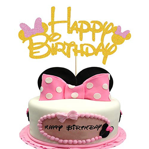 Gold Minnie Happy Birthday Cake Topper with Bow Tie Glitter Minnie Mouse First Birthday Two Three Four Five Six Years Old Birthday Minnie Themed Kids