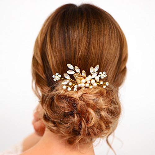 Catery Gold Leaf Bride Wedding Hair Comb Hair Accessories with Pearl Flower Crystal Bridal Side Combs for Women