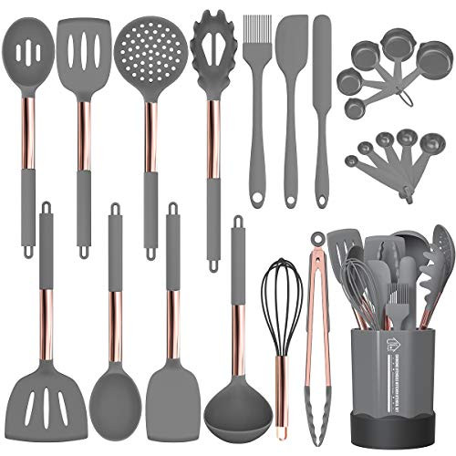 Silicone Cooking Utensil Set  Fungun 24pcs Silicone Cooking Kitchen Utensils Set  Non-stick Heat Resistant - Best Kitchen Cookware with Copper Stainle