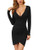 GUBERRY Womens Bodycon Wrap Low V-Neck Long Sleeve Sexy Fitted Mini Sheath Dress Black