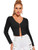 SOLY HUX Womens V-Neck Lettuce Trim Long Sleeve Ribbed Knit Open Front Crop Top Black M