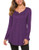Womens Henley Shirts V-Neck Button Long Sleeve Flare Pleated Tunic Blouse Tops PurpleL